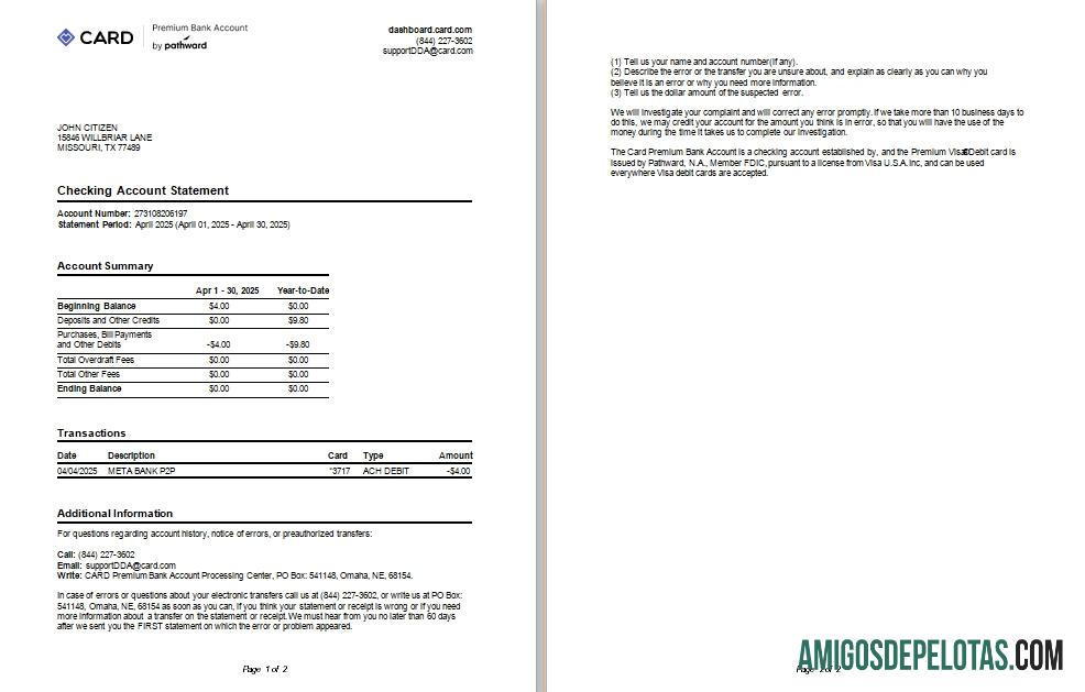 Extrato de conta bancária premium do cartão TX dos EUA Scr amostra